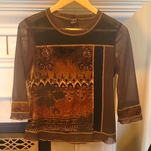 TRIBAL Asian-Inspired Velevet and Sheer Shirt